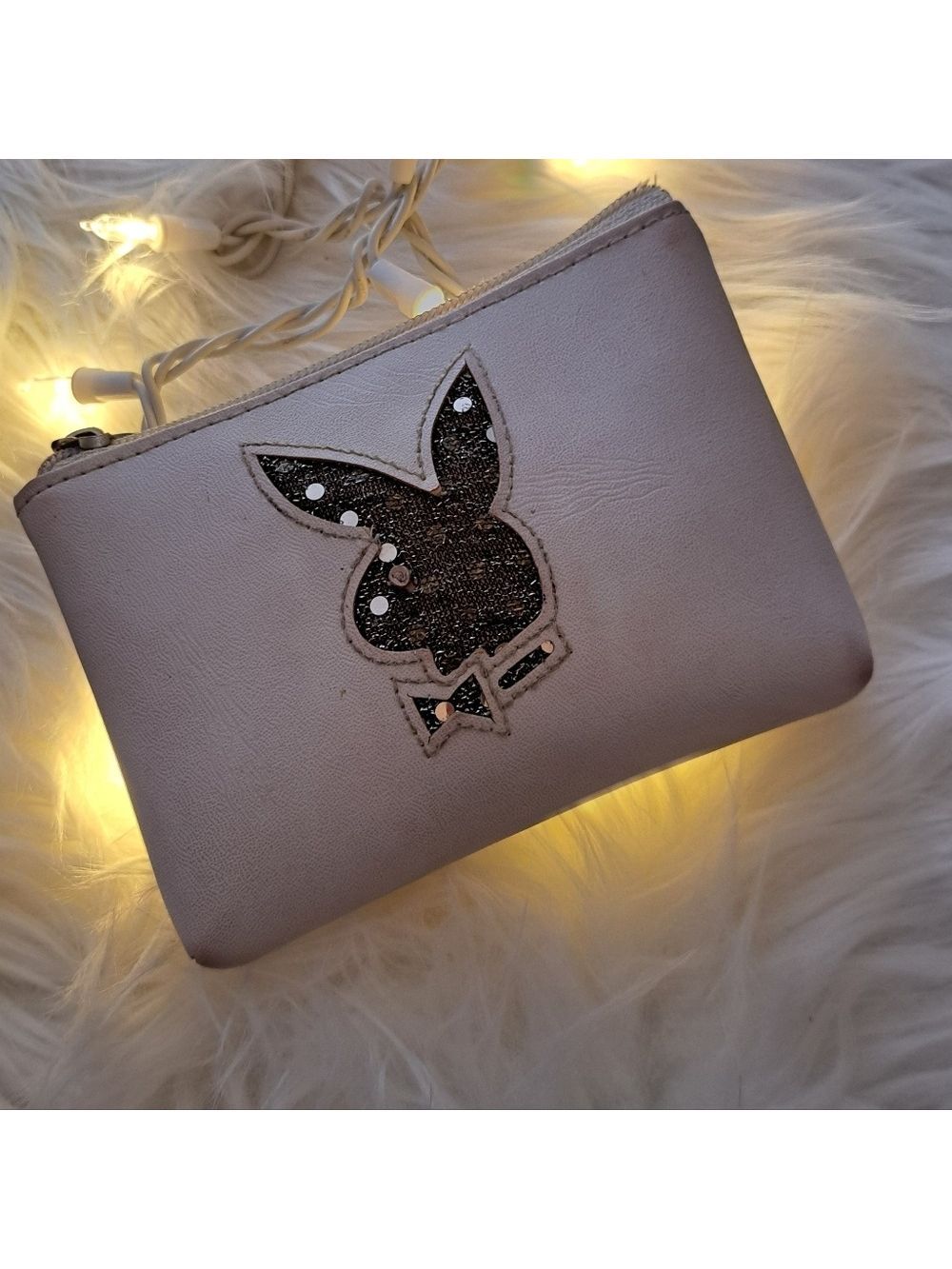 Playboy Cream Zip Pouch. Has Glitter Mesh Covered Logo.